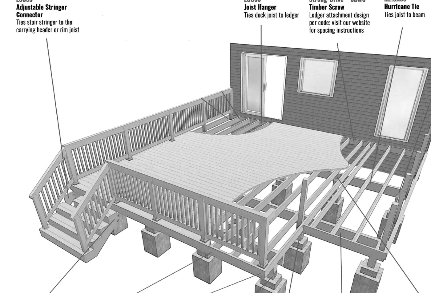 Monochrome axonometric CAD model showing deck boards, guard, stairs, beams, and footings