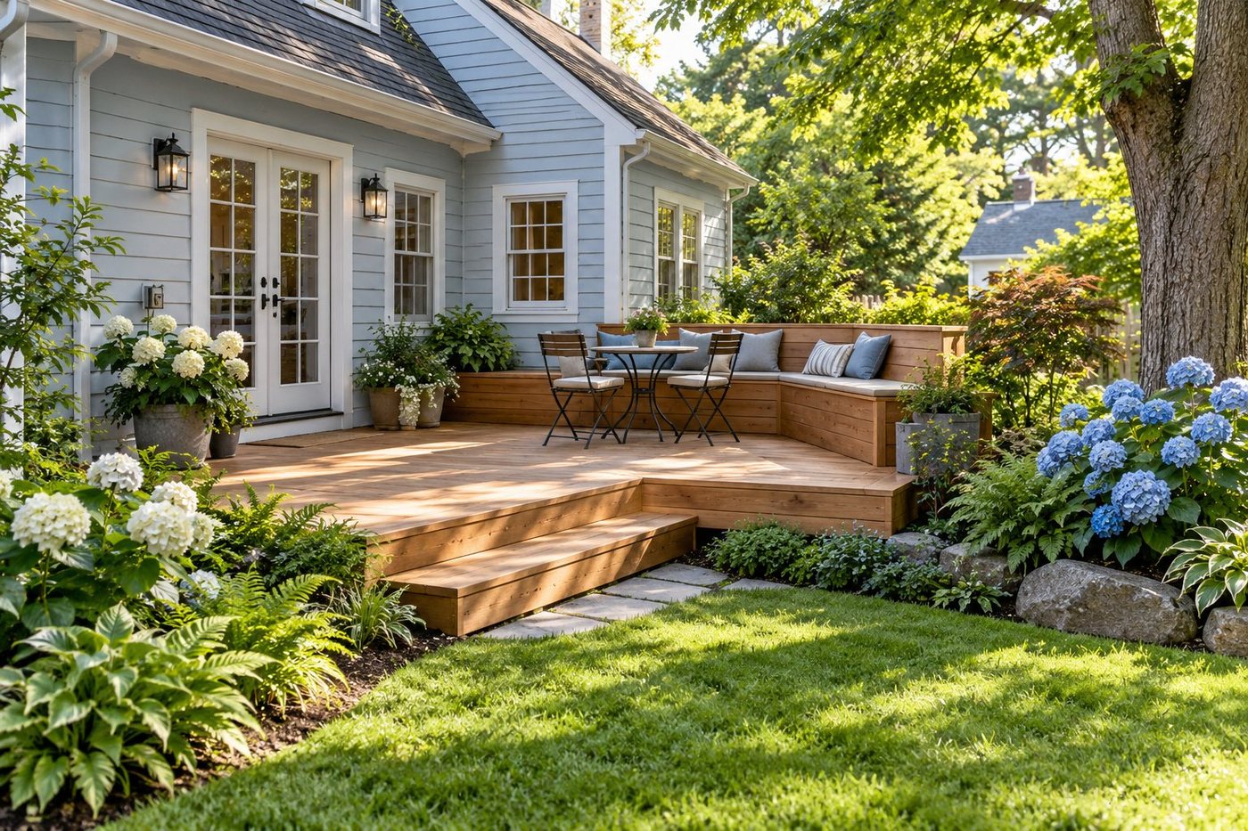L-shaped cottage deck with built-in corner bench, broad stairs, hydrangeas, and garden path