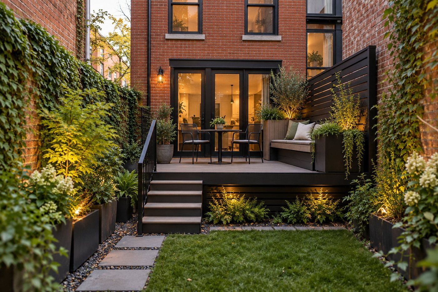 Compact urban deck attached to a brick rowhouse, with privacy screen, planters, built-in seating, and a small lawn
