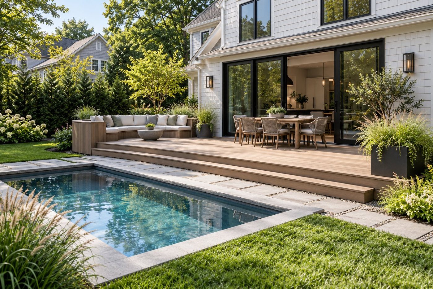 Clean-lined deck connecting a modern home to a small garden pool, lawn, and ornamental grasses