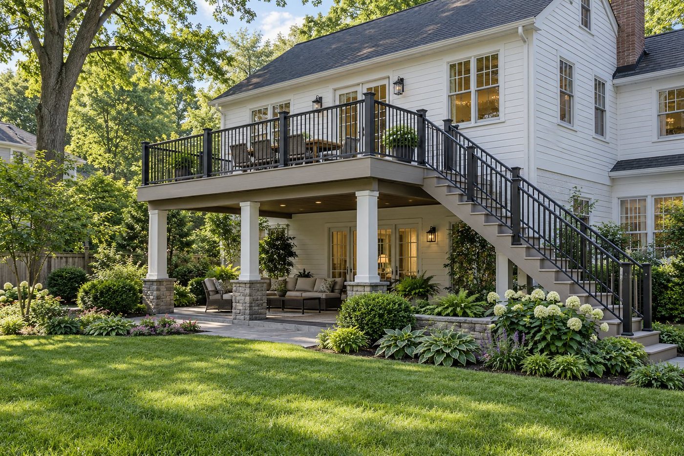 Elevated deck on a colonial home with side staircase, covered lower patio, shrubs, and lawn
