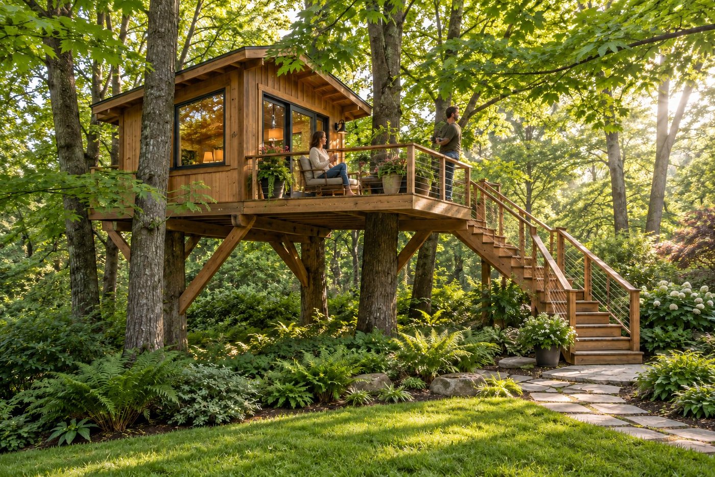 Compact maple canopy tree home with a small deck and people enjoying the garden