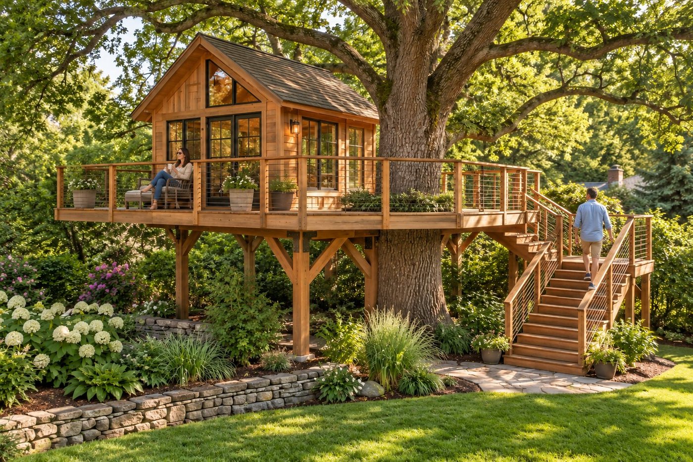 Gabled tree home with a deck that wraps around a mature oak, with people seated outside
