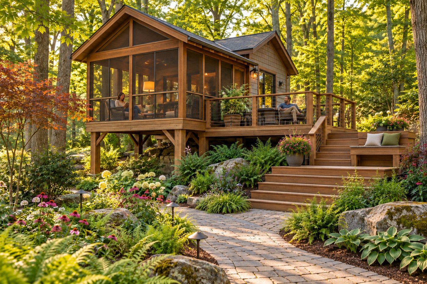 Screened tree-home porch with adjoining open deck, garden steps, and people having a quiet afternoon