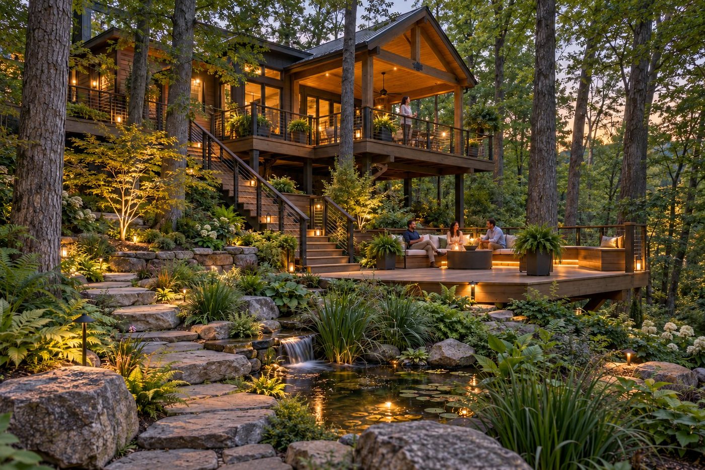 Large woodland tree-home retreat with two deck levels, landscaped steps, and people gathered outdoors